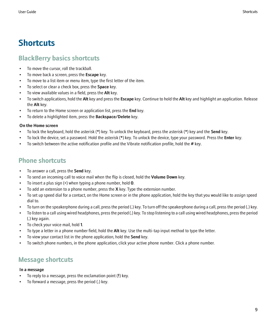 Blackberry 8220 manual Shortcuts, BlackBerry basics shortcuts, Phone shortcuts, Message shortcuts 