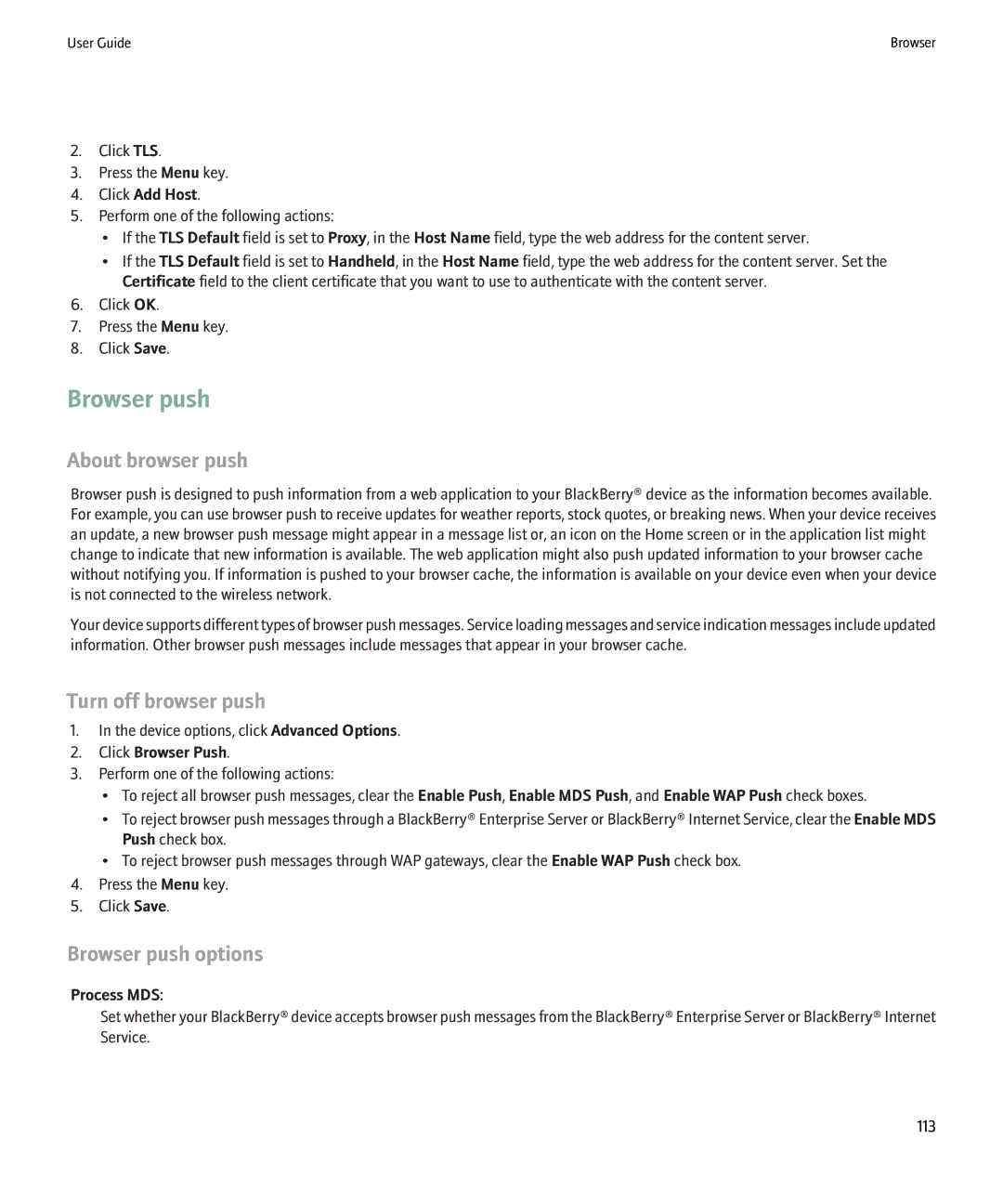 Blackberry 8220 manual About browser push, Turn off browser push, Browser push options 