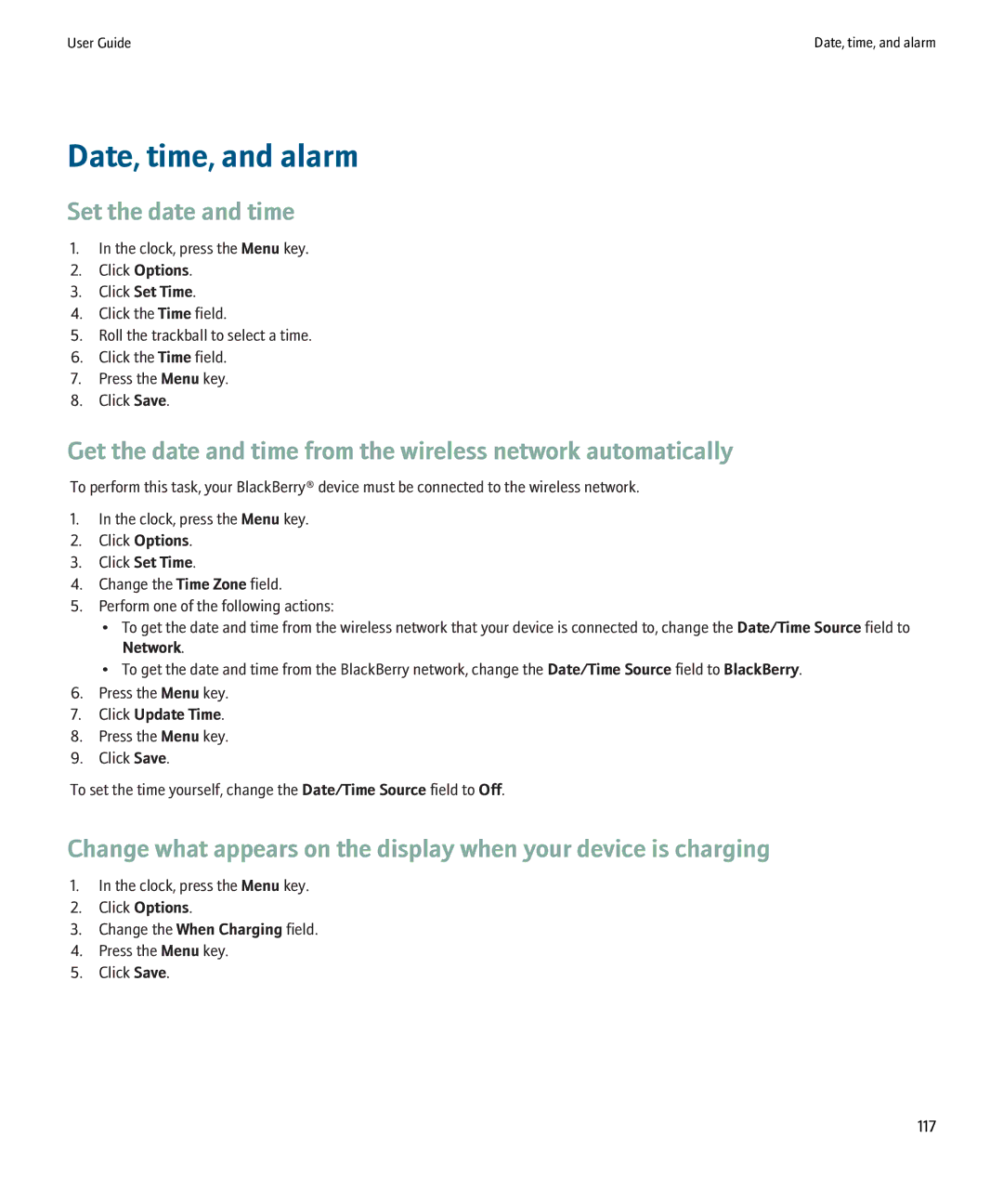 Blackberry 8220 manual Date, time, and alarm, Set the date and time, Click Set Time, Click Update Time 