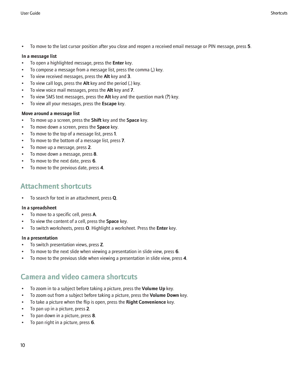 Blackberry 8220 manual Attachment shortcuts, Camera and video camera shortcuts 