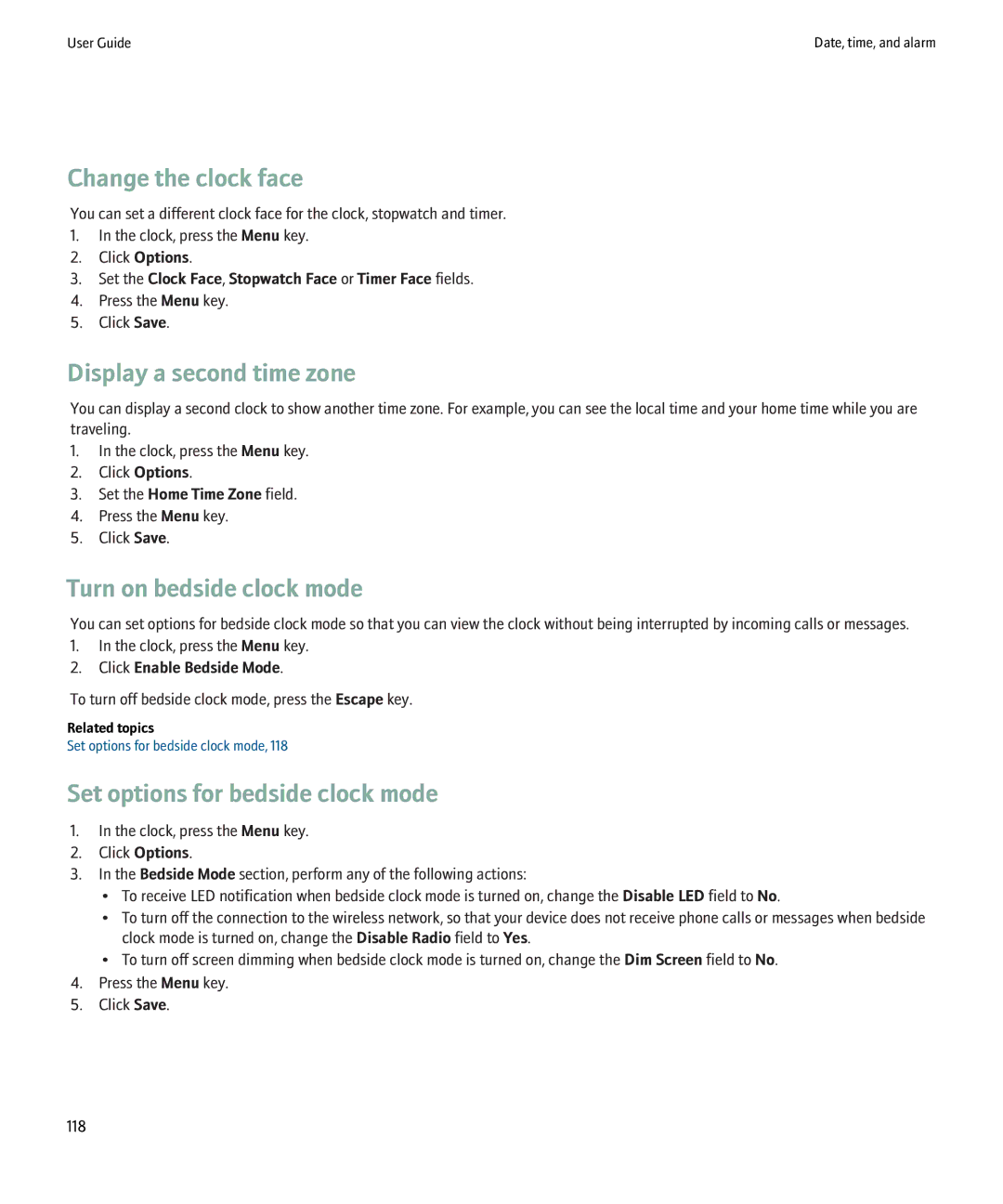 Blackberry 8220 manual Change the clock face, Display a second time zone, Turn on bedside clock mode 