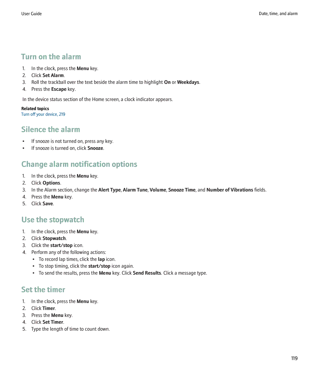 Blackberry 8220 Turn on the alarm, Silence the alarm, Change alarm notification options, Use the stopwatch, Set the timer 