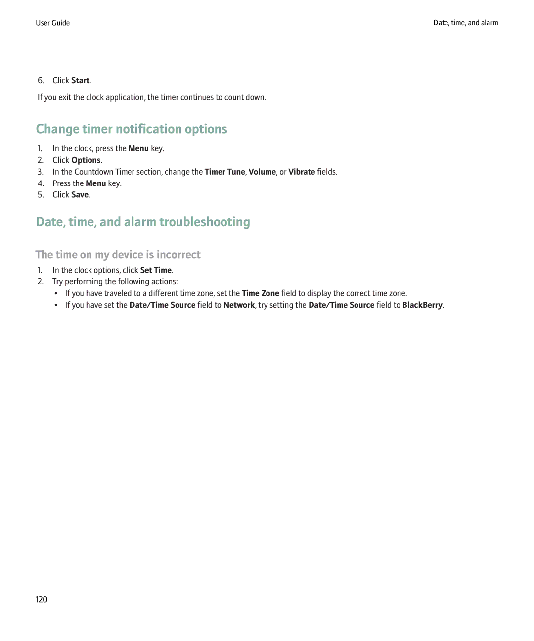 Blackberry 8220 Change timer notification options, Date, time, and alarm troubleshooting, Time on my device is incorrect 