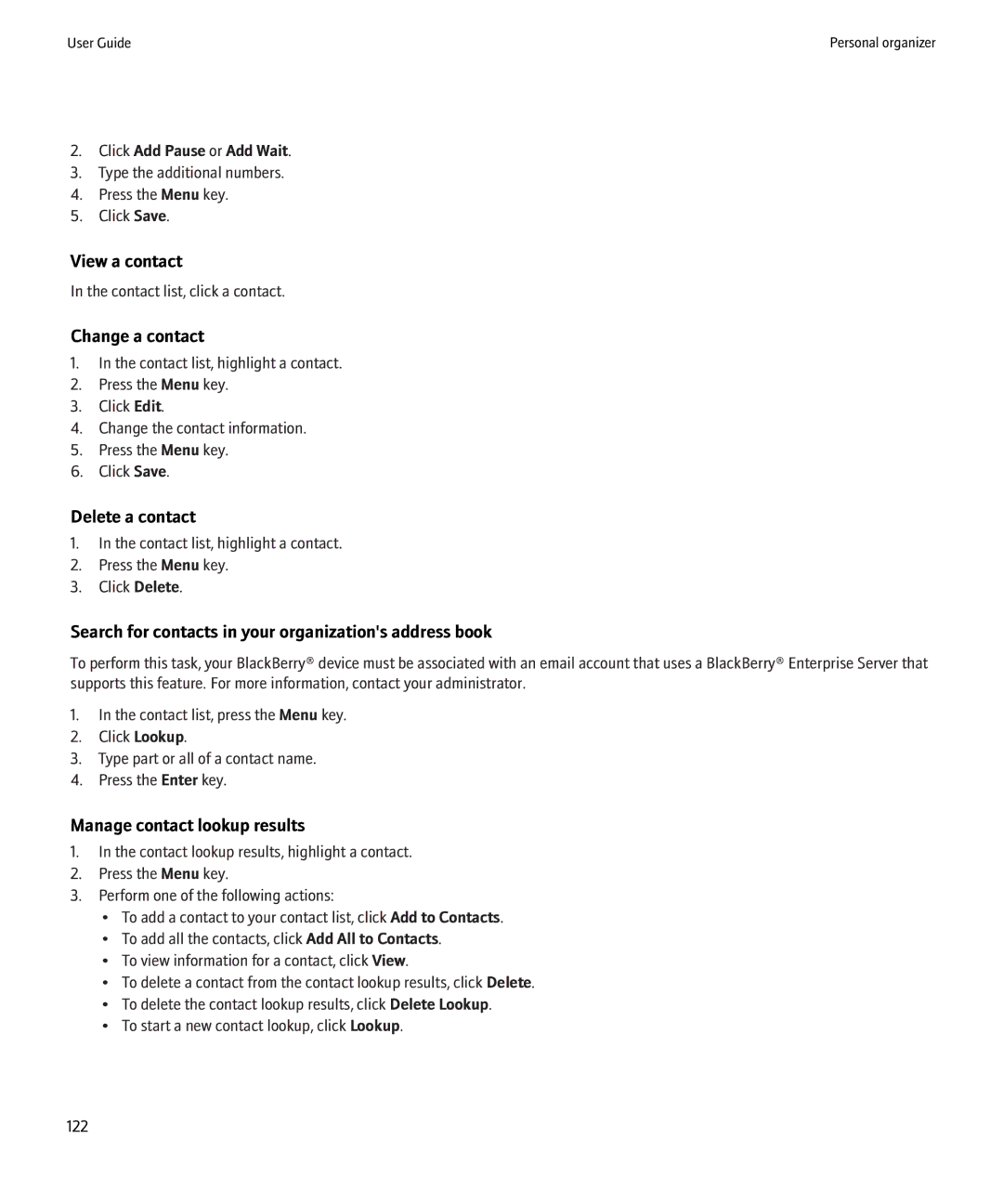 Blackberry 8220 View a contact, Change a contact, Delete a contact, Search for contacts in your organizations address book 