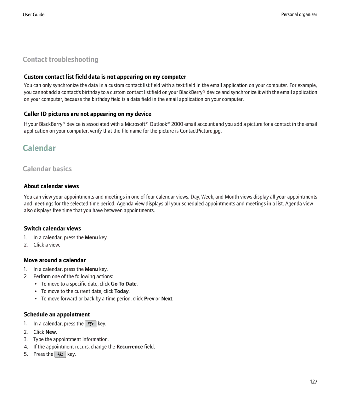 Blackberry 8220 manual Contact troubleshooting, Calendar basics 