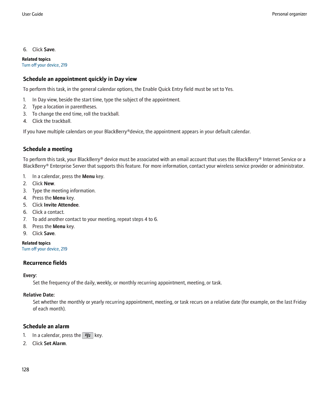 Blackberry 8220 Schedule an appointment quickly in Day view, Schedule a meeting, Recurrence fields, Schedule an alarm 