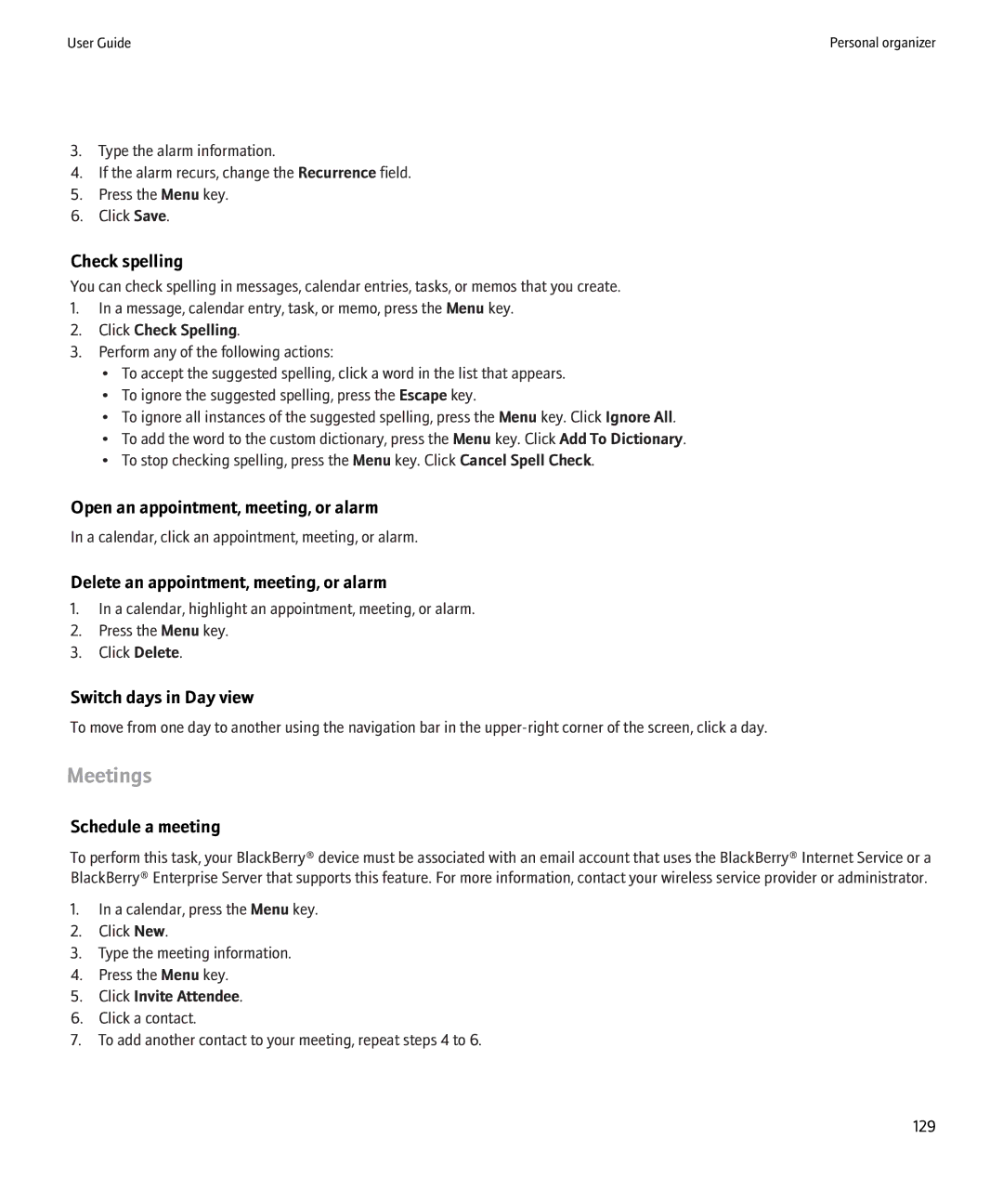 Blackberry 8220 manual Meetings, Open an appointment, meeting, or alarm, Delete an appointment, meeting, or alarm 