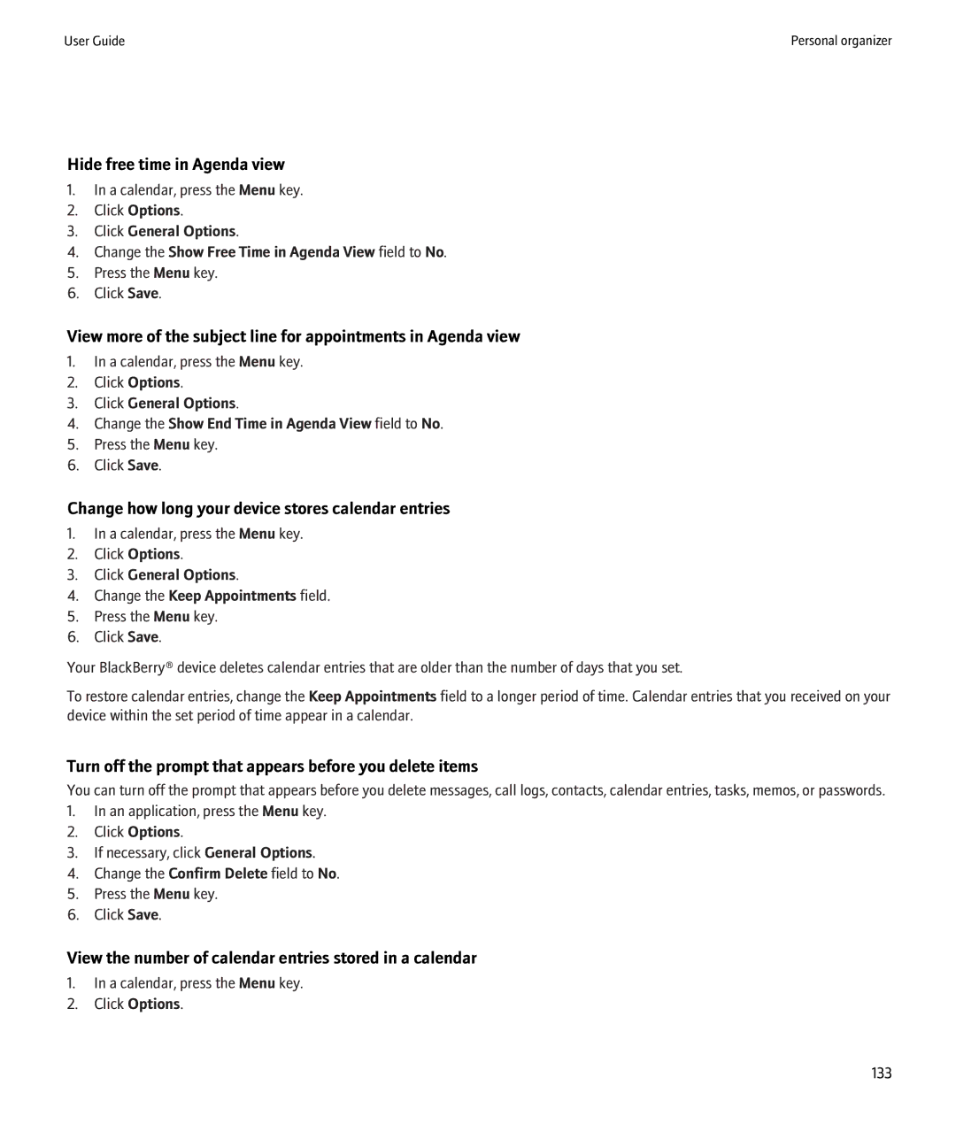 Blackberry 8220 manual Hide free time in Agenda view, Change how long your device stores calendar entries 