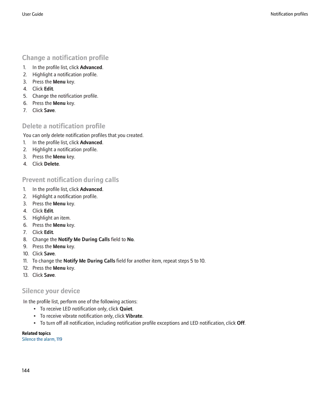 Blackberry 8220 manual Change a notification profile, Delete a notification profile, Prevent notification during calls 