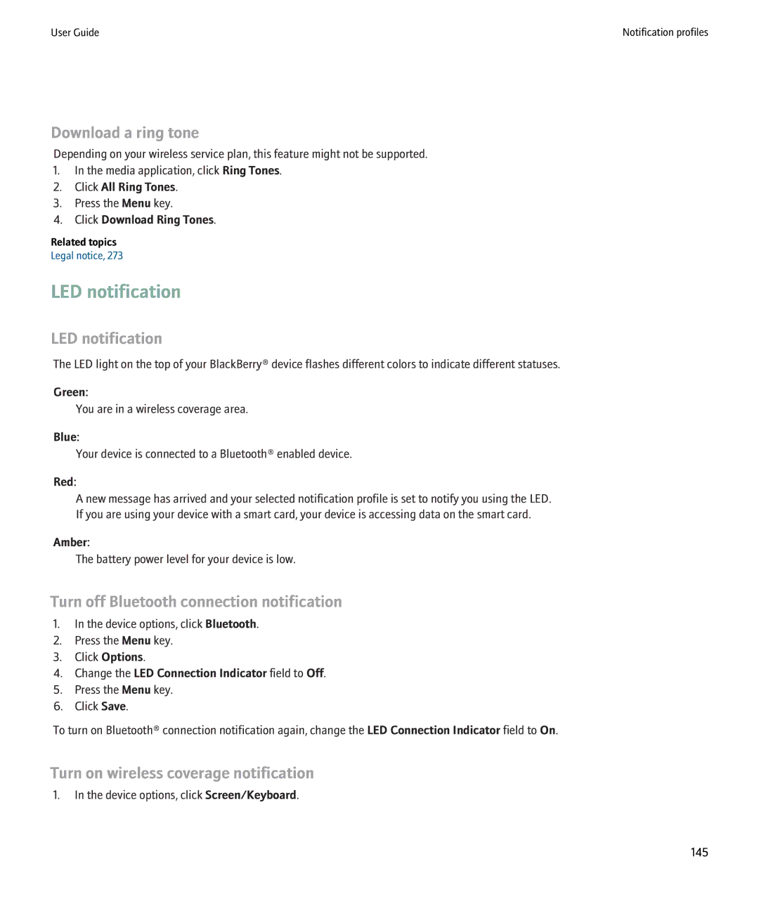 Blackberry 8220 manual LED notification, Turn off Bluetooth connection notification, Turn on wireless coverage notification 
