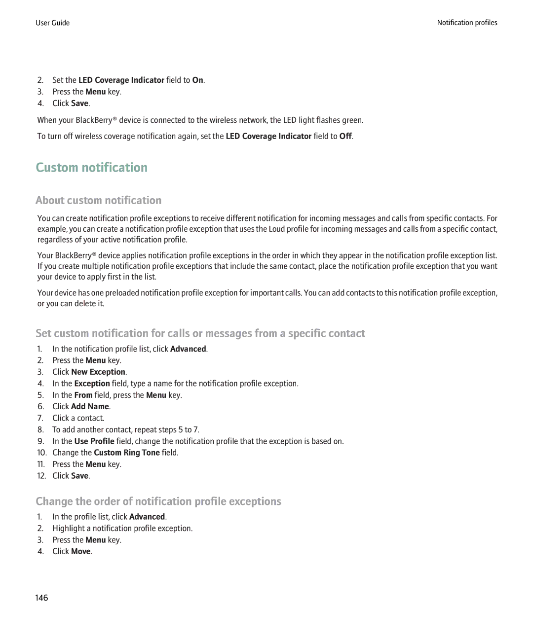 Blackberry 8220 manual Custom notification, About custom notification, Change the order of notification profile exceptions 