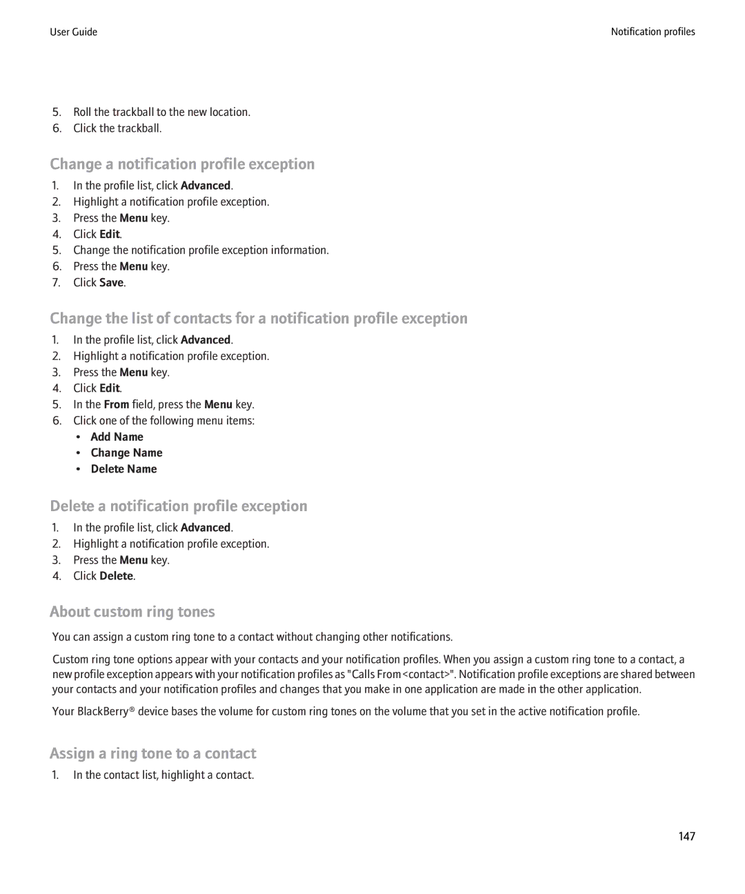 Blackberry 8220 Change a notification profile exception, Delete a notification profile exception, About custom ring tones 