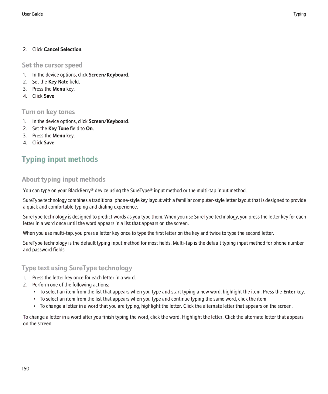 Blackberry 8220 manual Typing input methods, Set the cursor speed, Turn on key tones, About typing input methods 