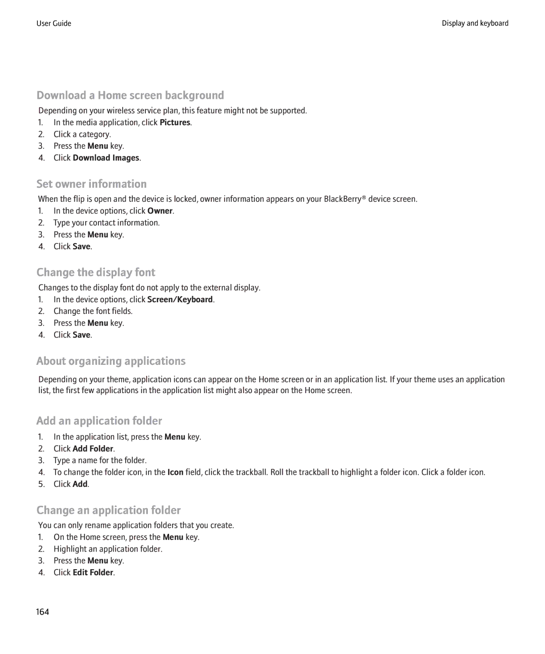 Blackberry 8220 Set owner information, Change the display font, About organizing applications, Add an application folder 