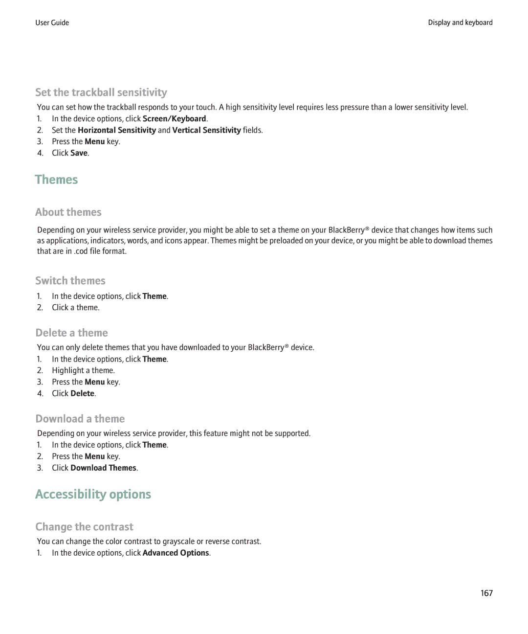 Blackberry 8220 manual Themes, Accessibility options 