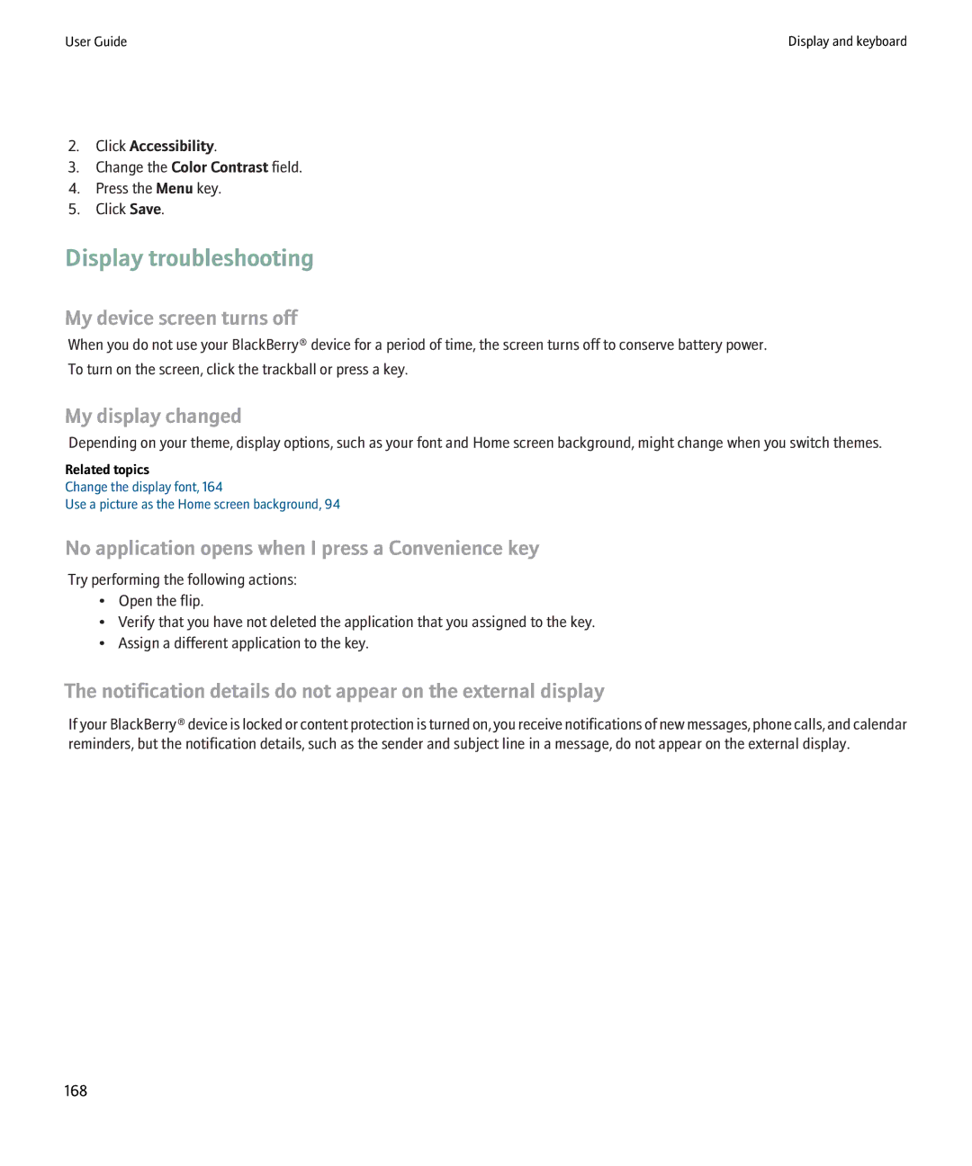 Blackberry 8220 manual Display troubleshooting, My device screen turns off, My display changed 