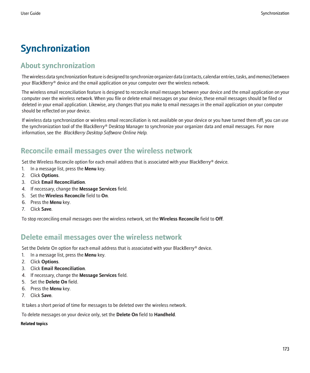 Blackberry 8220 manual Synchronization, About synchronization, Reconcile email messages over the wireless network 