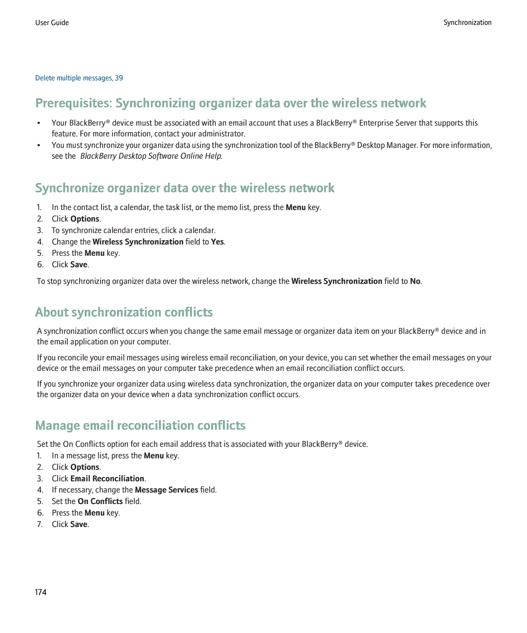 Blackberry 8220 manual Synchronize organizer data over the wireless network, About synchronization conflicts 