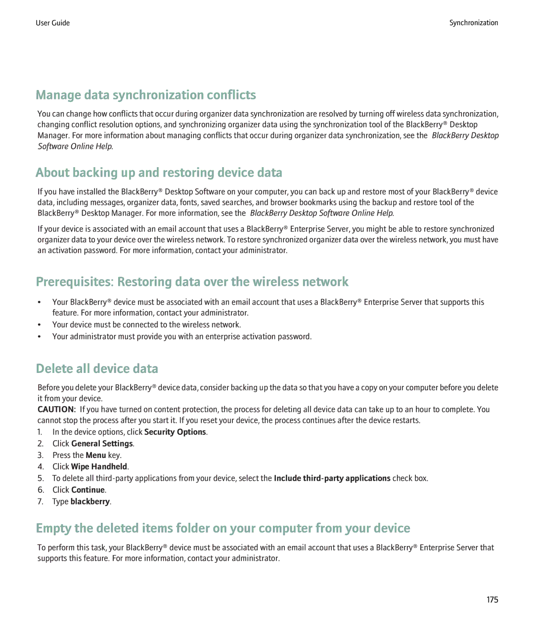 Blackberry 8220 Manage data synchronization conflicts, About backing up and restoring device data, Delete all device data 