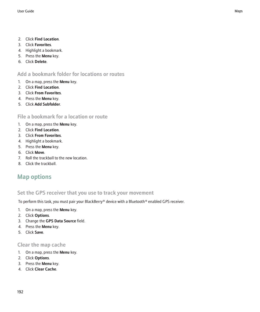 Blackberry 8220 manual Map options, Add a bookmark folder for locations or routes, File a bookmark for a location or route 