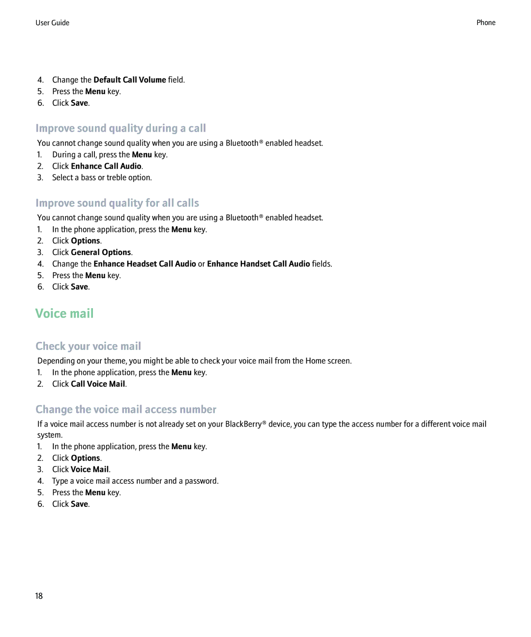 Blackberry 8220 manual Voice mail, Improve sound quality during a call, Improve sound quality for all calls 
