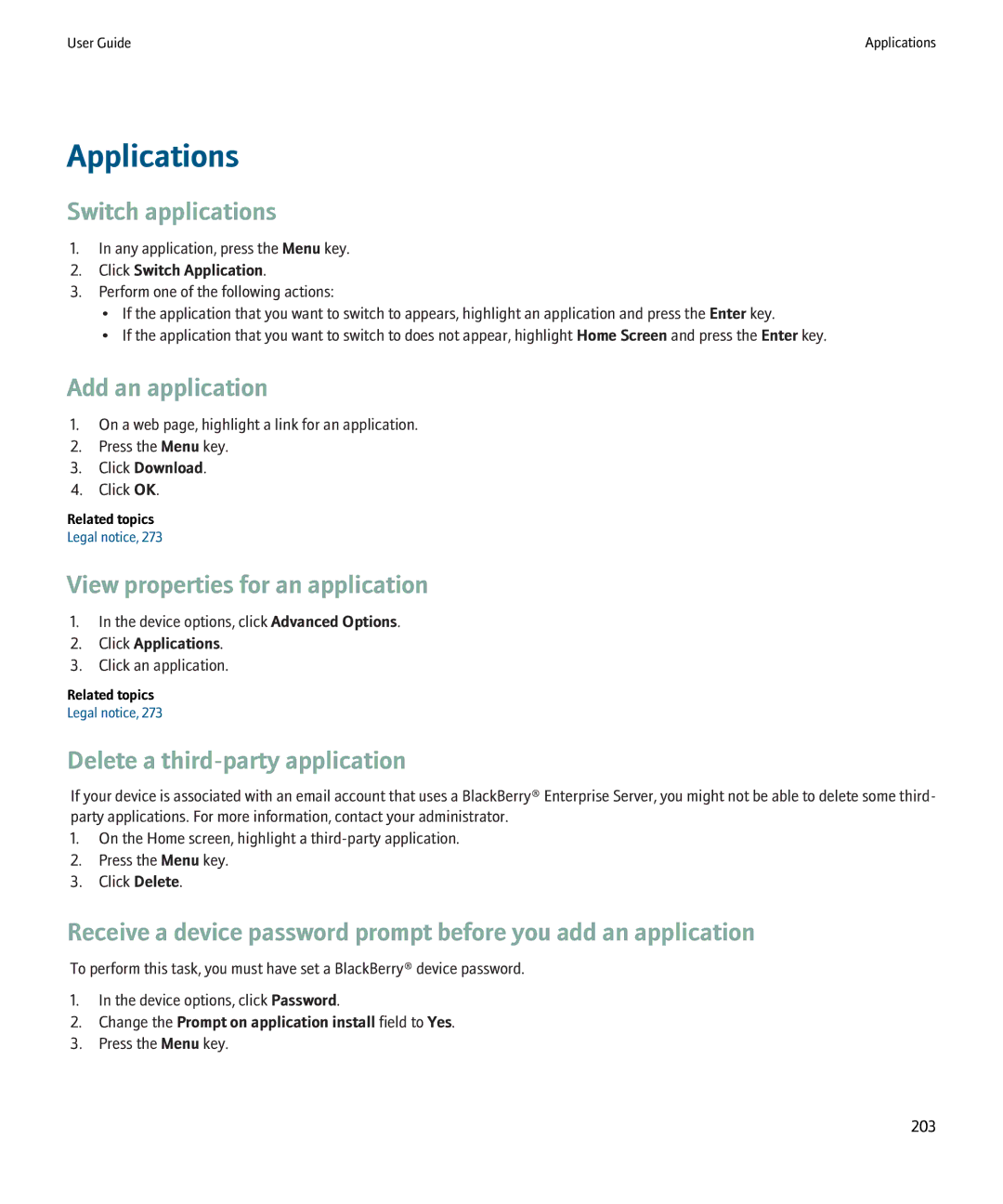 Blackberry 8220 manual Applications, Switch applications, Add an application, View properties for an application 