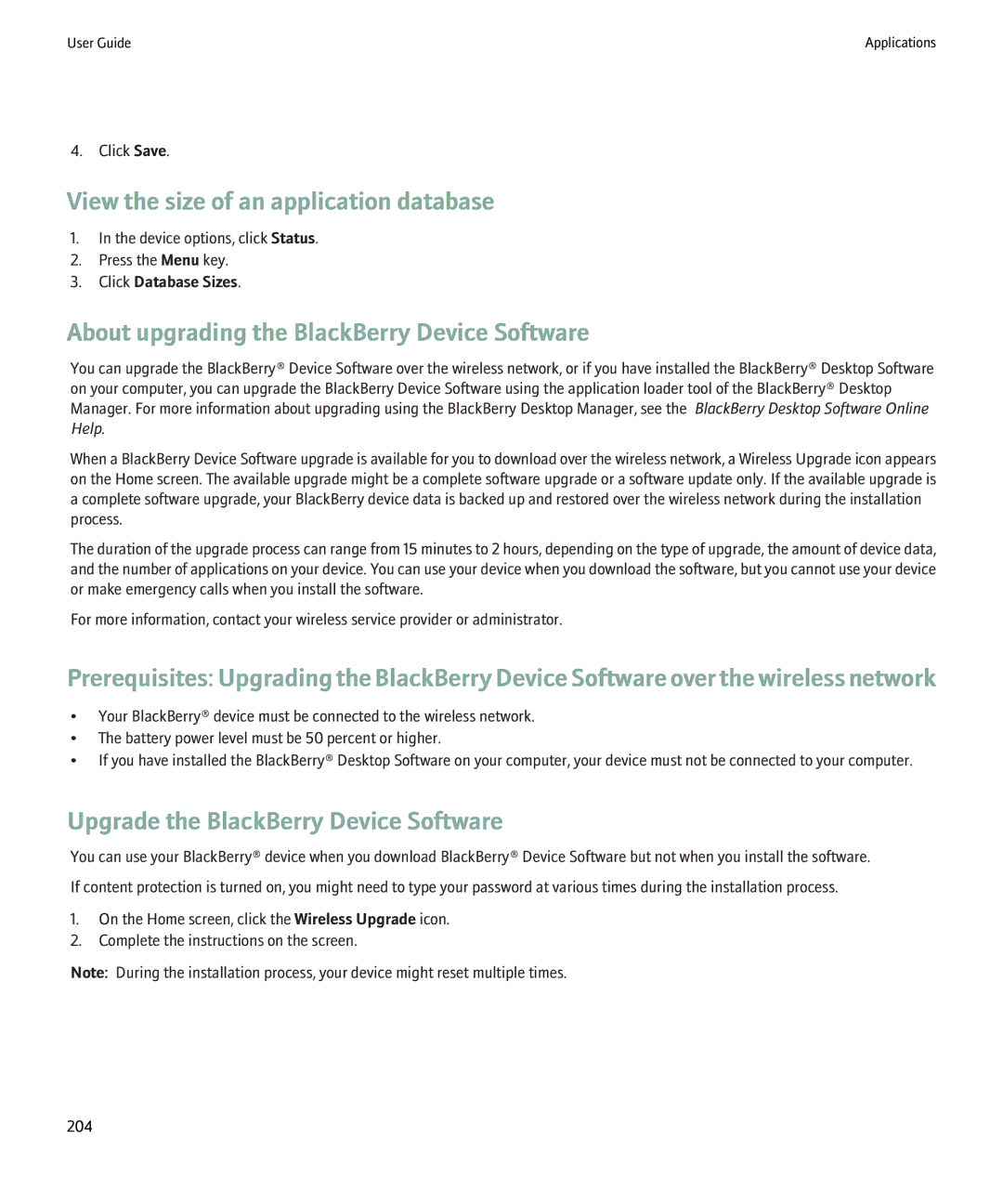 Blackberry 8220 manual View the size of an application database, About upgrading the BlackBerry Device Software 