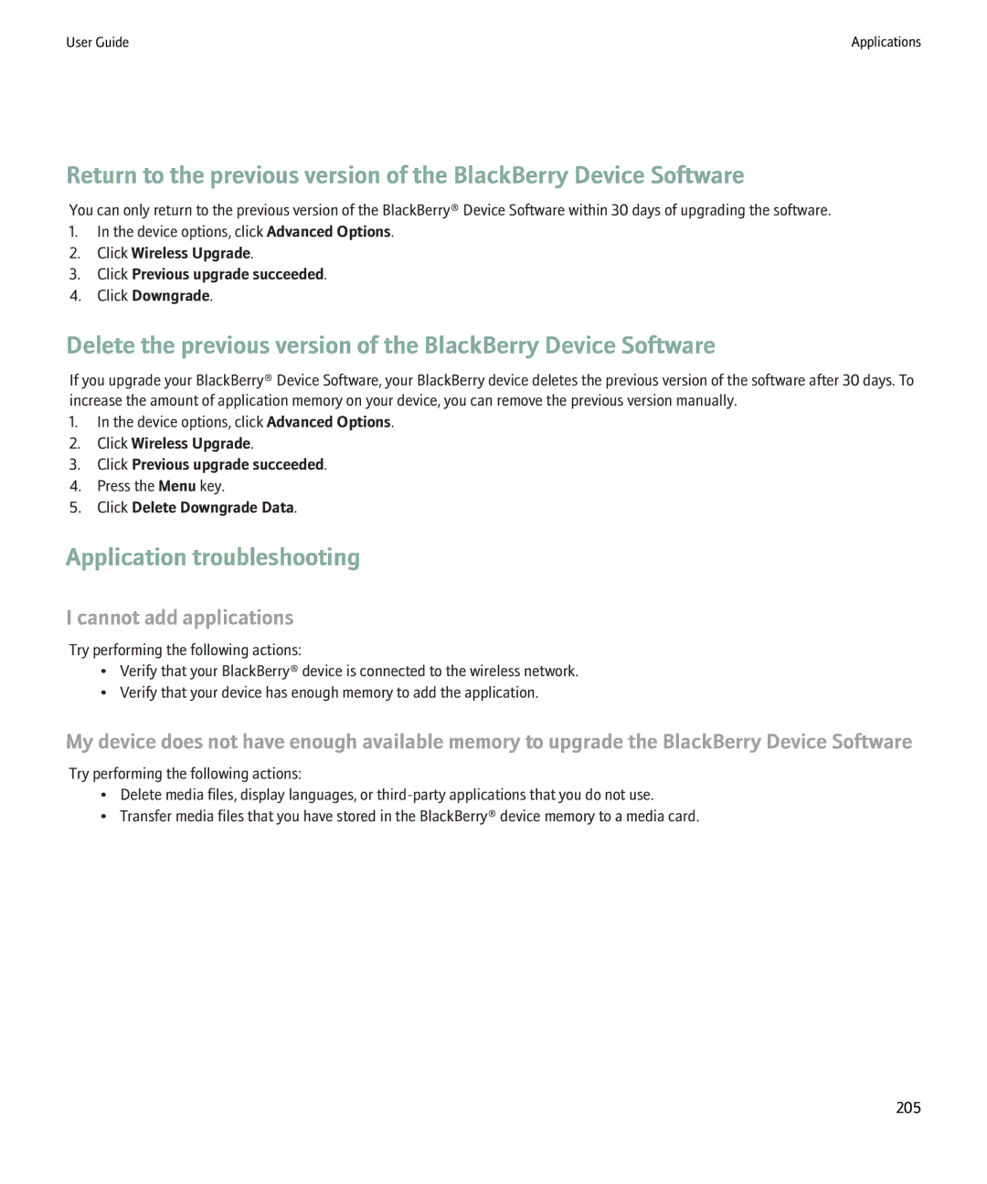Blackberry 8220 manual Application troubleshooting, Cannot add applications, Click Delete Downgrade Data 