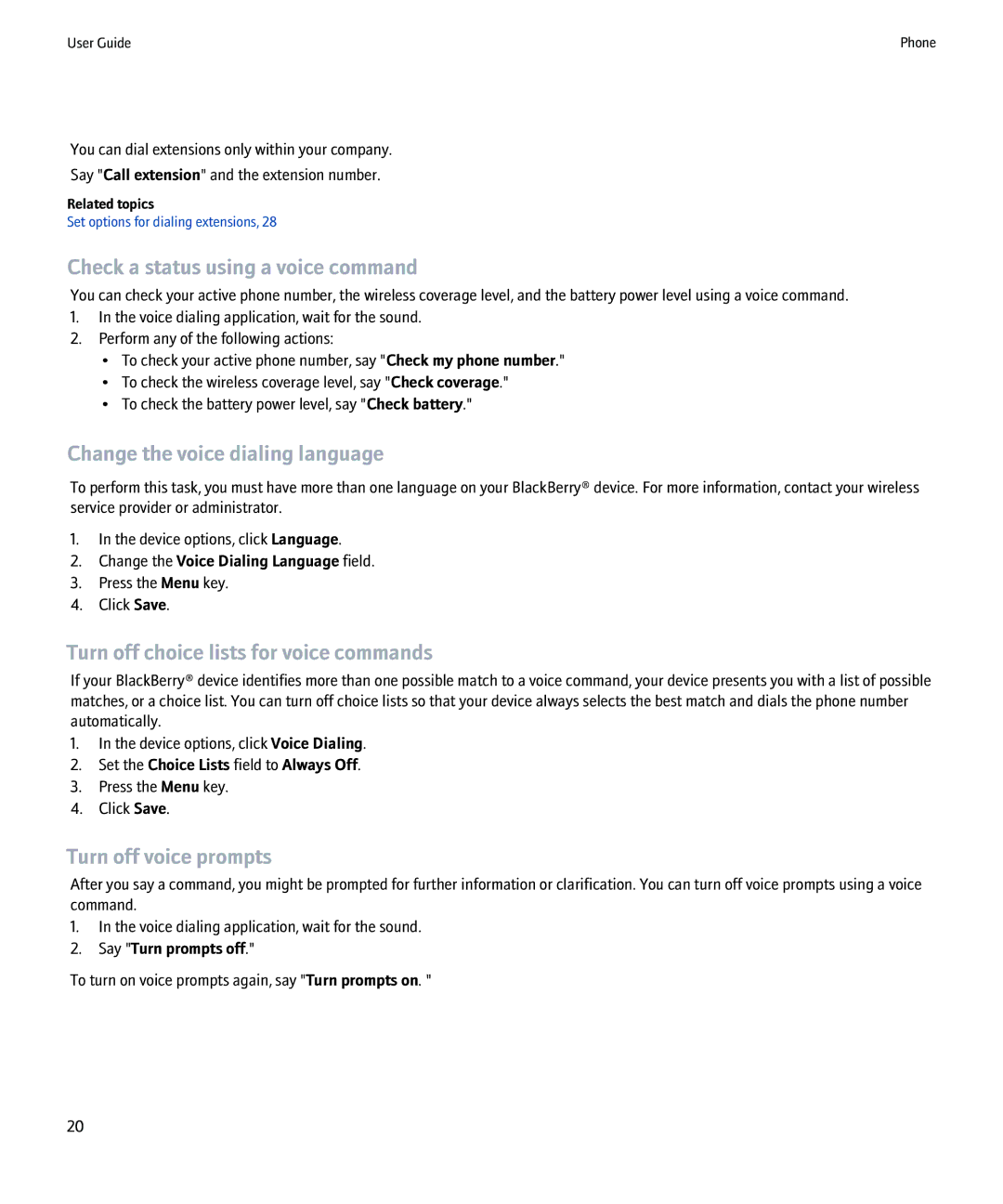 Blackberry 8220 manual Check a status using a voice command, Change the voice dialing language, Turn off voice prompts 
