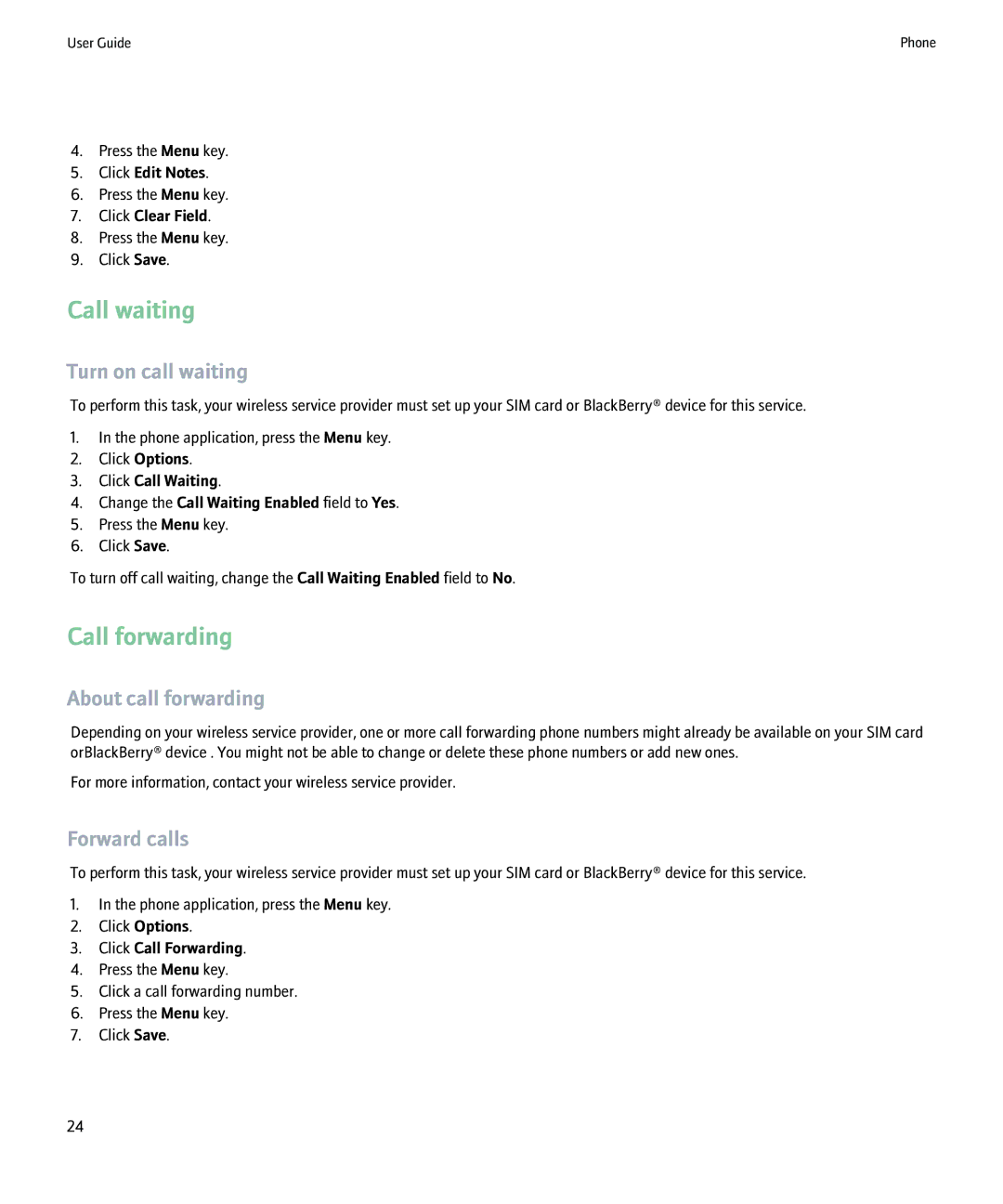 Blackberry 8220 manual Call waiting, Call forwarding, Turn on call waiting, About call forwarding, Forward calls 