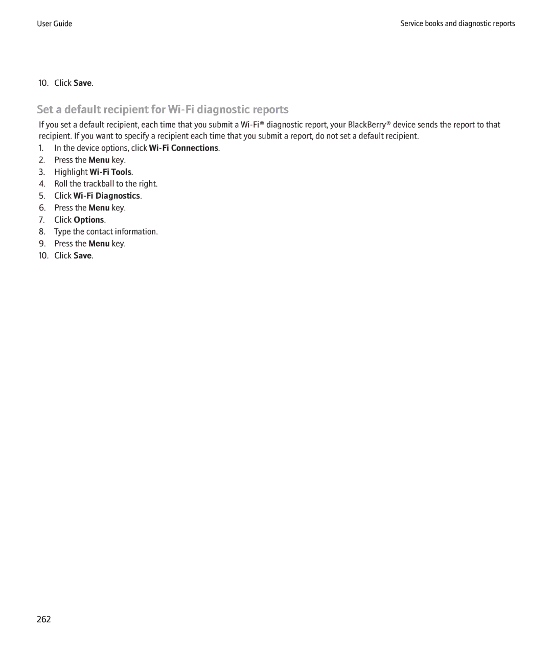 Blackberry 8220 manual Set a default recipient for Wi-Fi diagnostic reports 