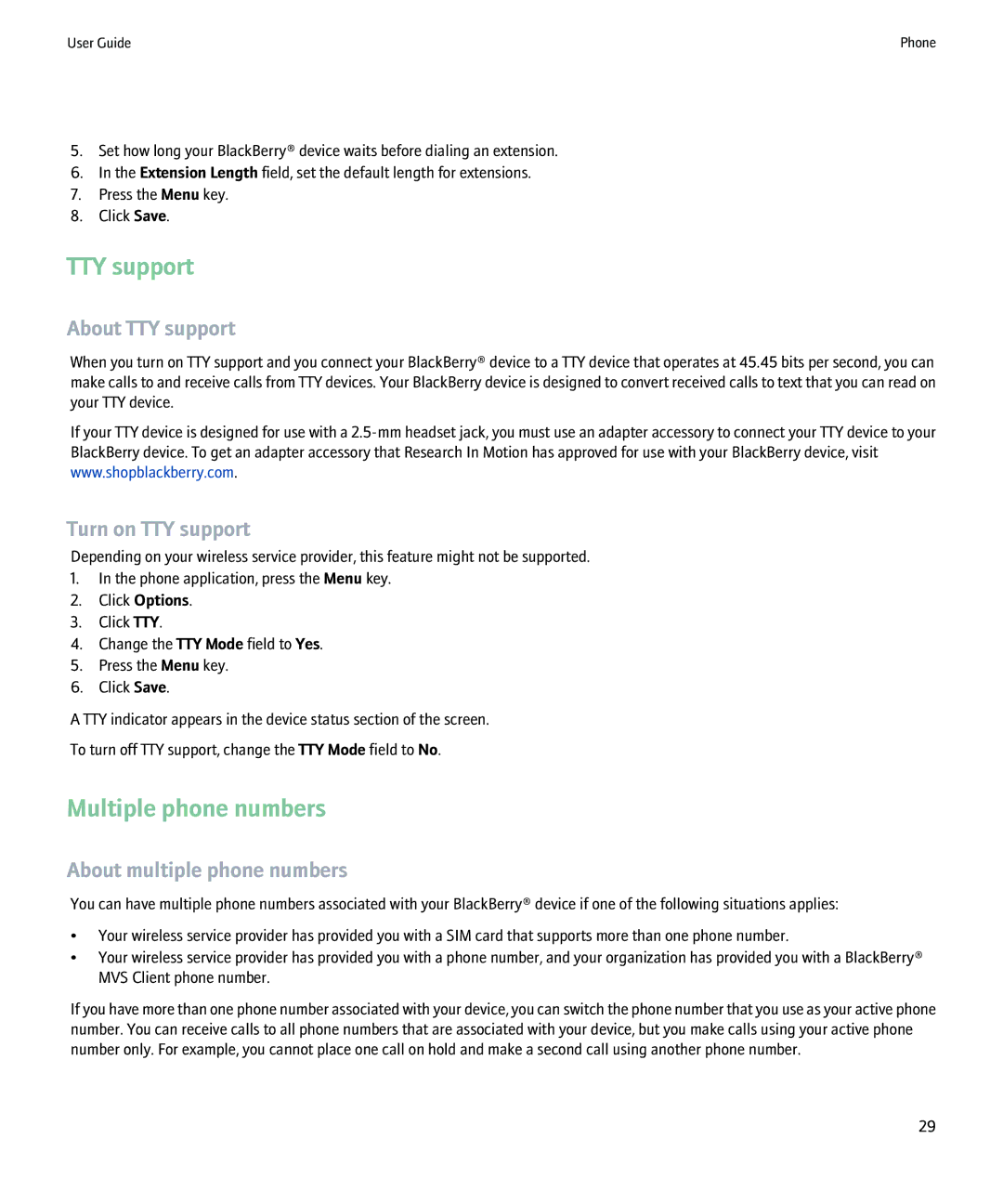 Blackberry 8220 manual Multiple phone numbers, About TTY support, Turn on TTY support, About multiple phone numbers 