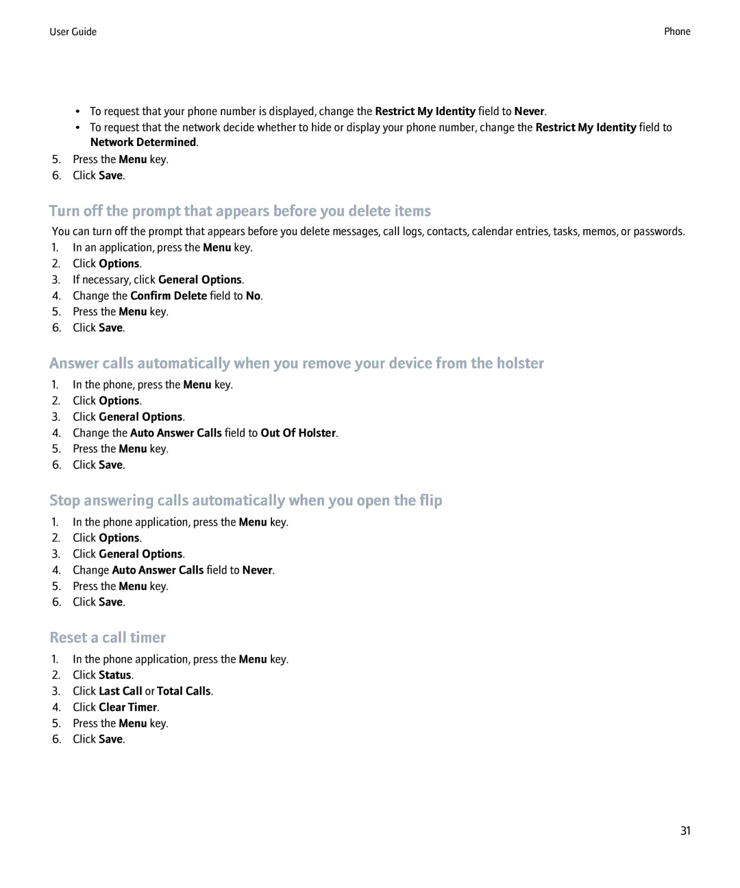 Blackberry 8220 manual Turn off the prompt that appears before you delete items, Reset a call timer 