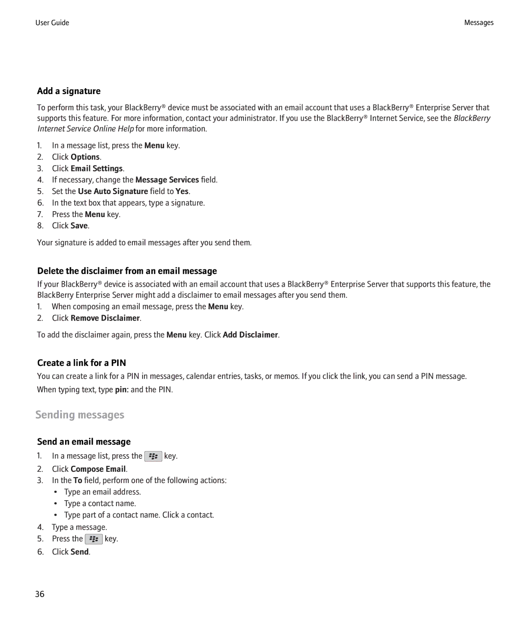 Blackberry 8220 Sending messages, Add a signature, Delete the disclaimer from an email message, Create a link for a PIN 