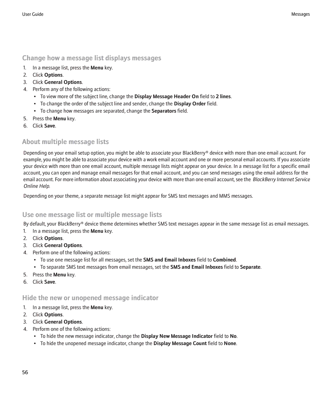 Blackberry 8220 manual Change how a message list displays messages, About multiple message lists 