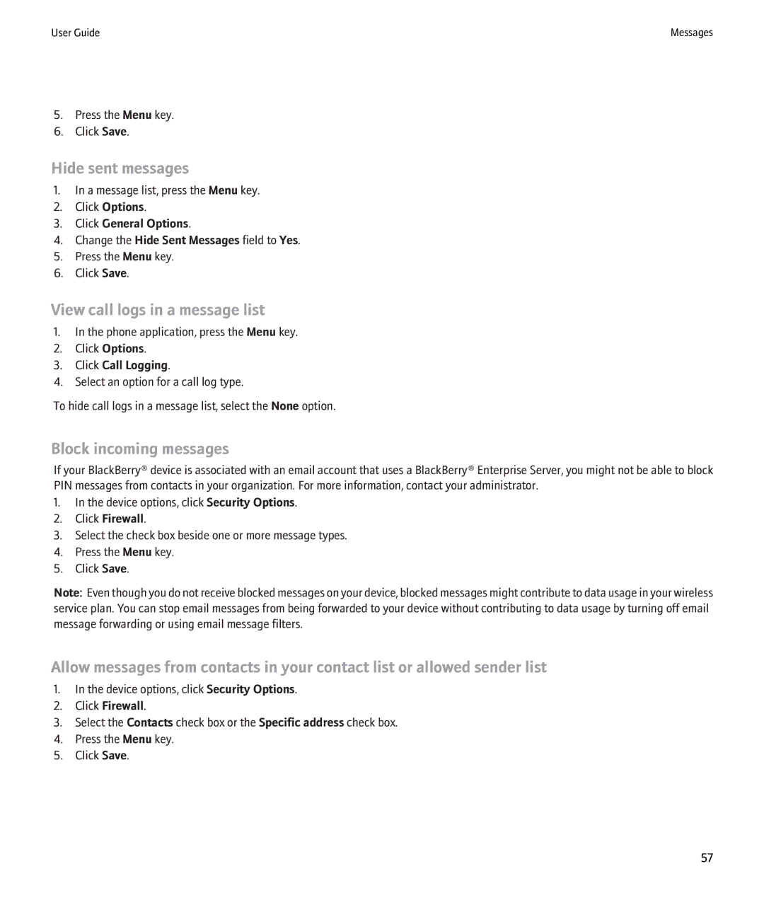 Blackberry 8220 manual Hide sent messages, Block incoming messages, Click Firewall 