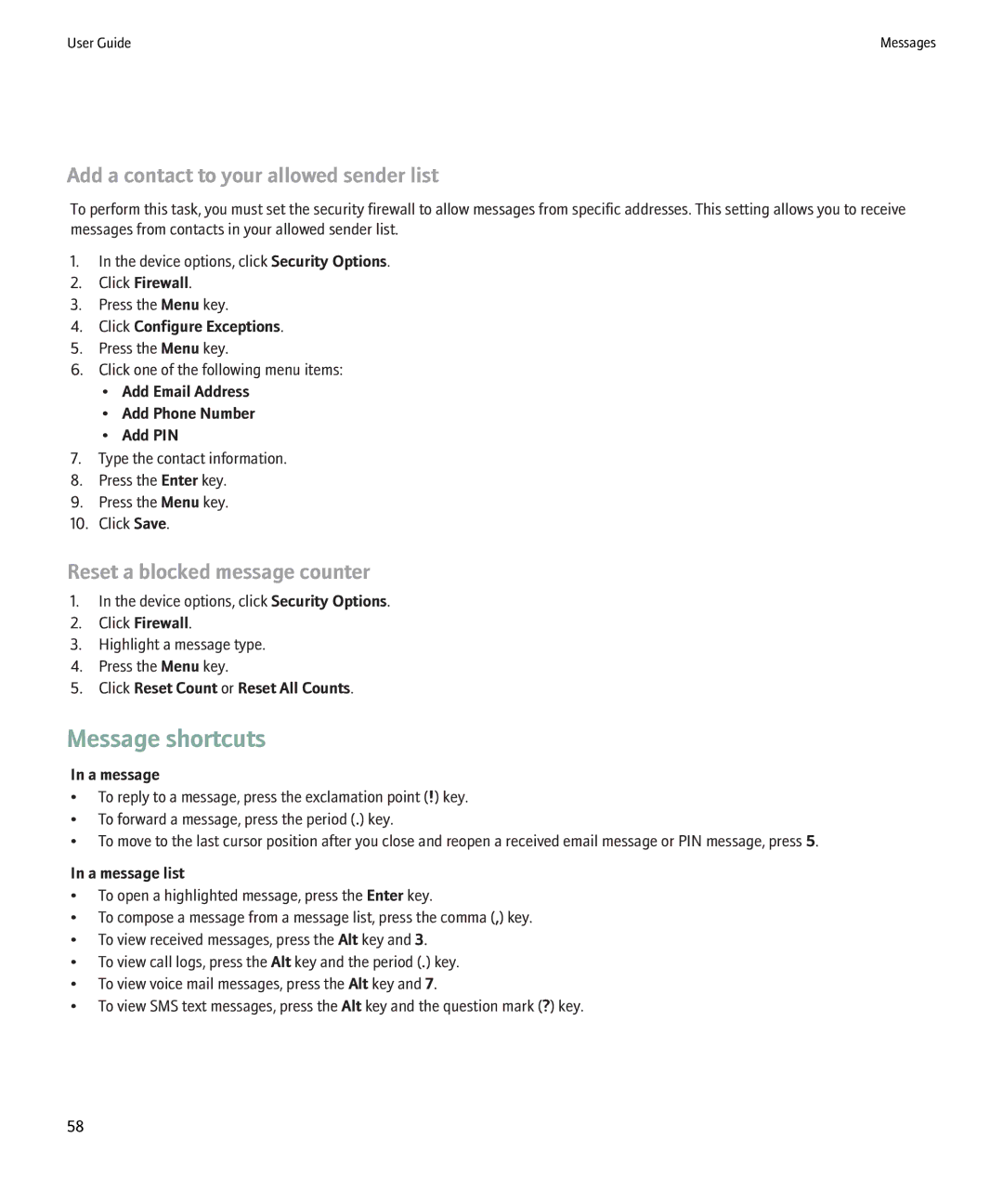 Blackberry 8220 Add a contact to your allowed sender list, Reset a blocked message counter, Click Configure Exceptions 