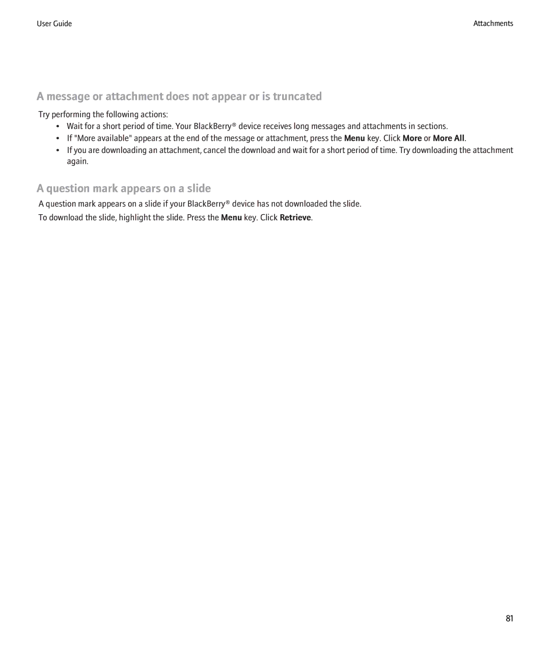 Blackberry 8220 manual Message or attachment does not appear or is truncated, Question mark appears on a slide 