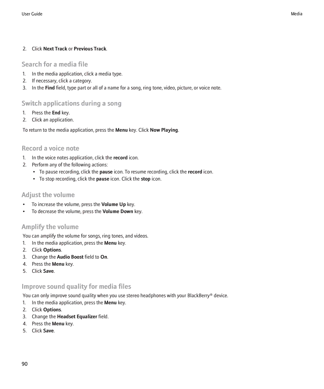 Blackberry 8220 manual Search for a media file, Switch applications during a song, Record a voice note, Amplify the volume 