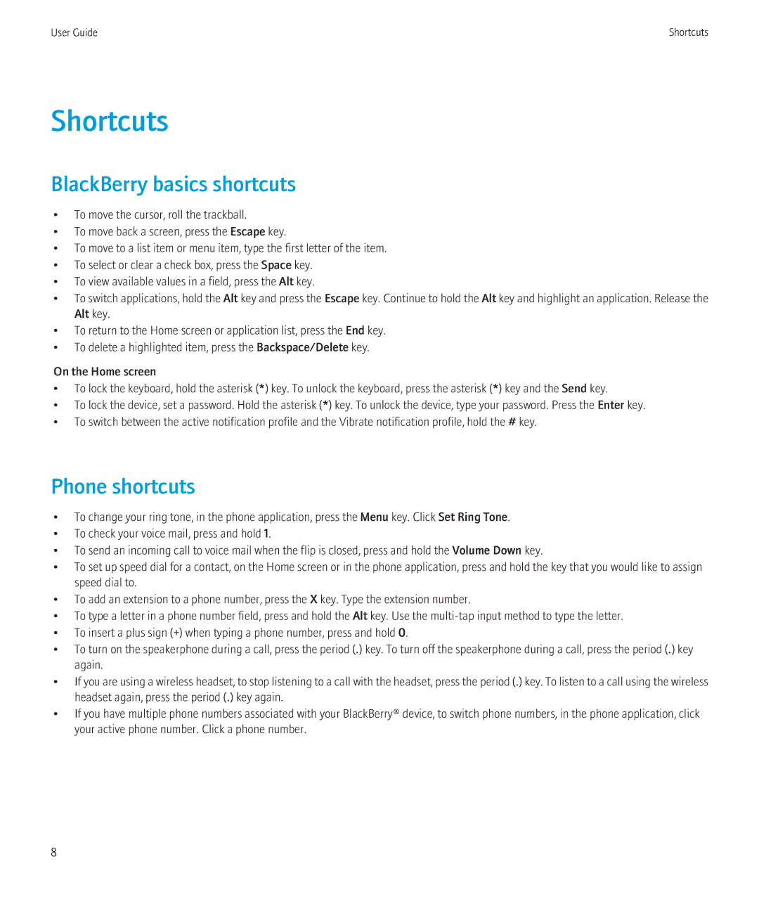 Blackberry 8230 manual Shortcuts, BlackBerry basics shortcuts, Phone shortcuts 