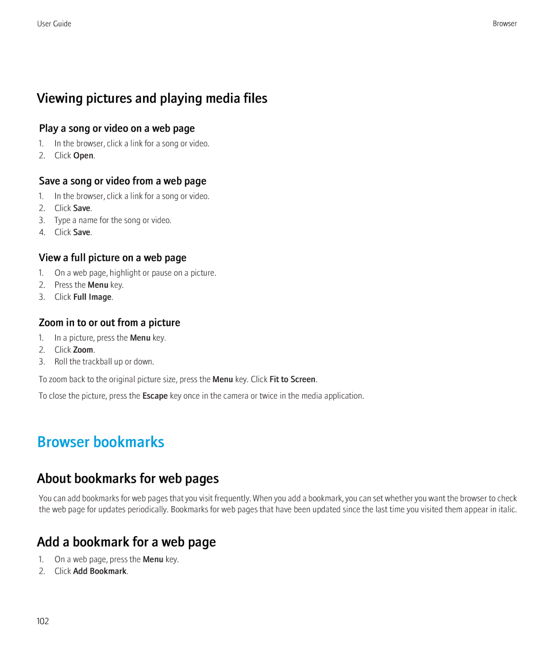 Blackberry 8230 manual Browser bookmarks, Viewing pictures and playing media files, About bookmarks for web pages 