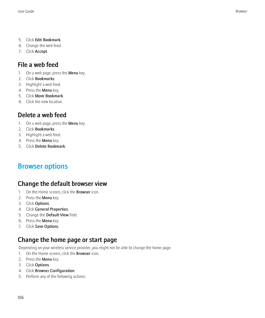Blackberry 8230 manual Browser options, File a web feed, Delete a web feed, Change the default browser view 