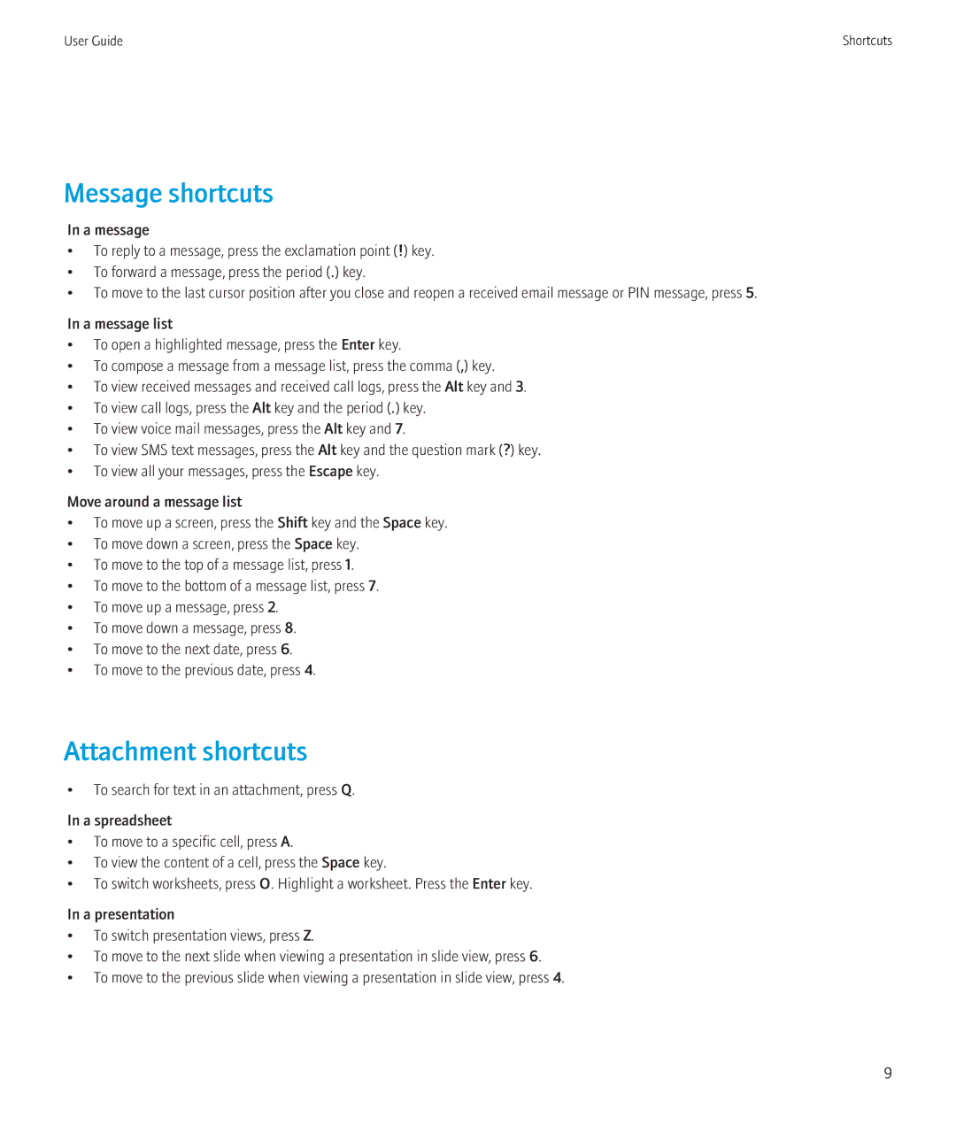 Blackberry 8230 manual Message shortcuts, Attachment shortcuts 