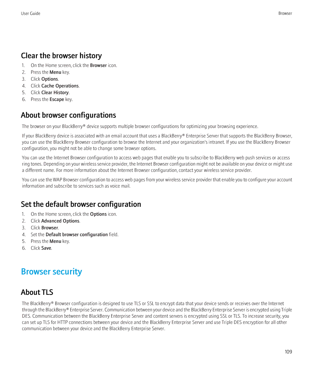 Blackberry 8230 manual Browser security, Clear the browser history, About browser configurations, About TLS 