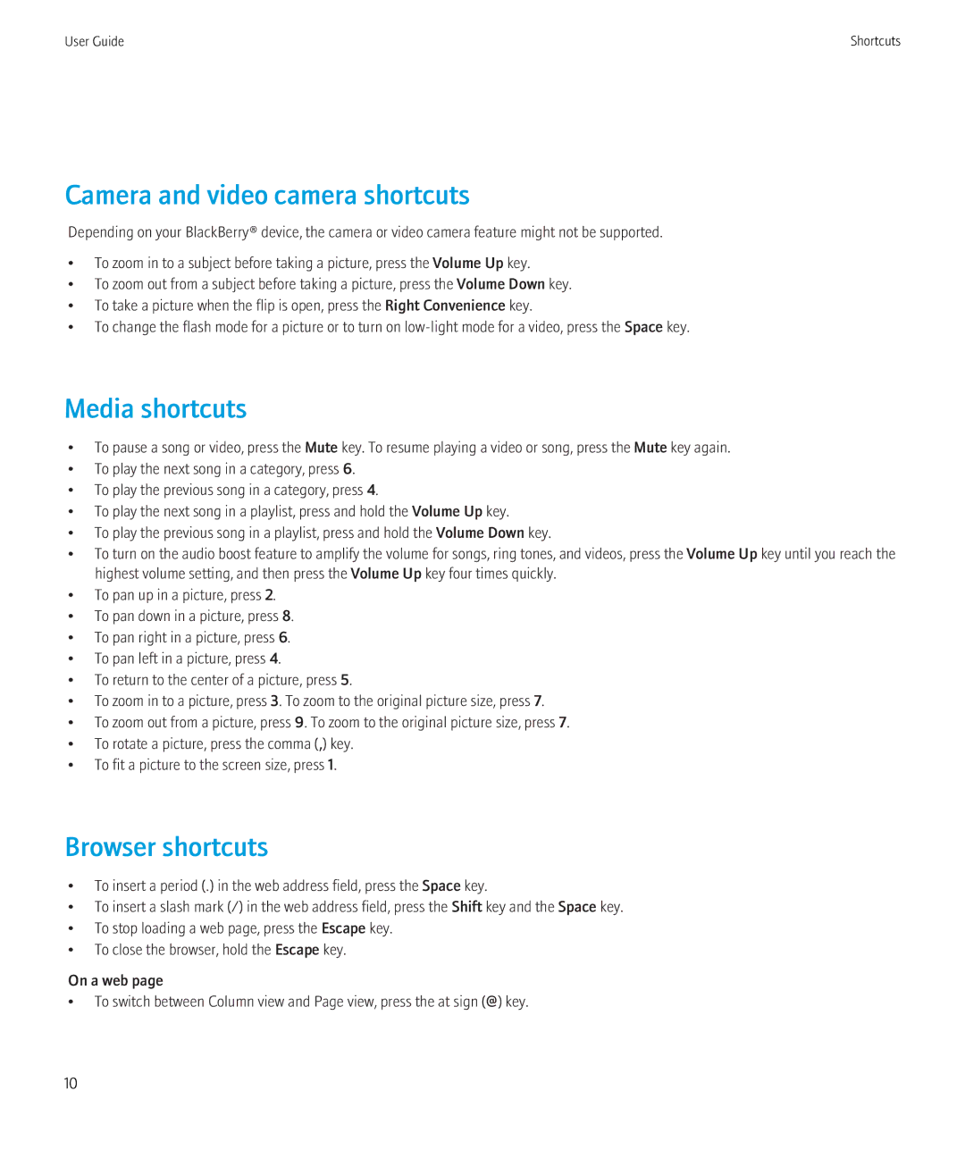 Blackberry 8230 manual Camera and video camera shortcuts, Media shortcuts, Browser shortcuts 