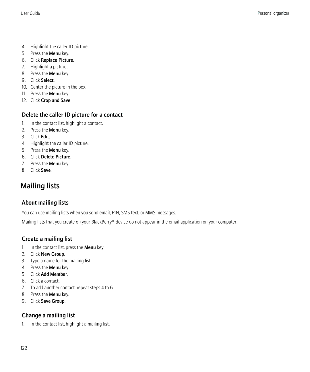 Blackberry 8230 Mailing lists, Delete the caller ID picture for a contact, About mailing lists, Create a mailing list 