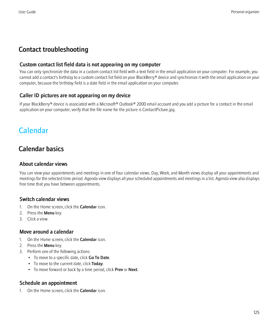 Blackberry 8230 manual Contact troubleshooting, Calendar basics 