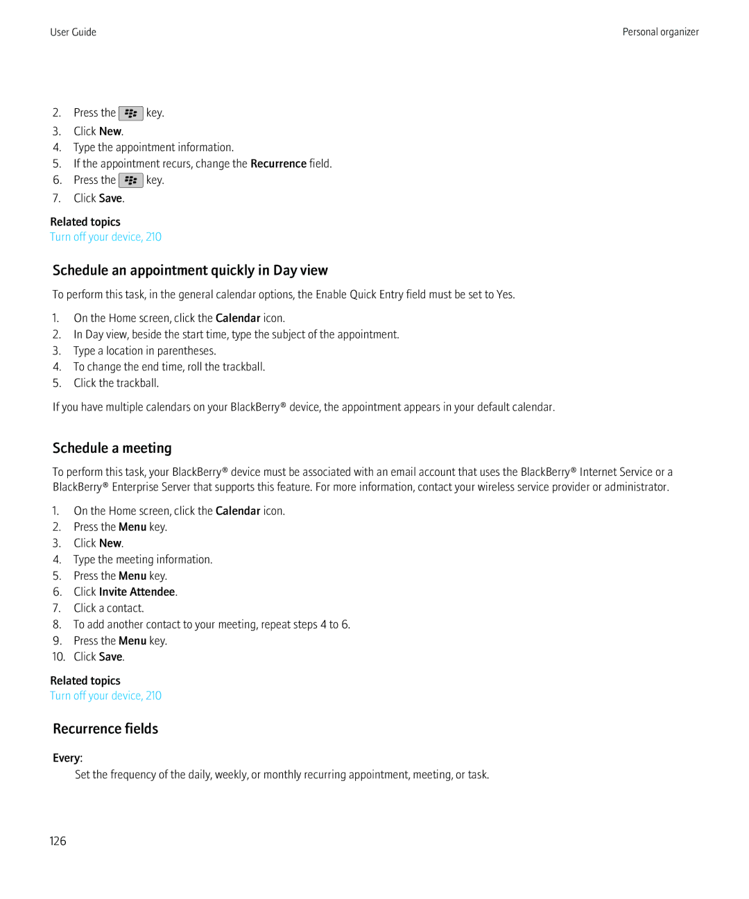 Blackberry 8230 manual Schedule an appointment quickly in Day view, Schedule a meeting, Recurrence fields 