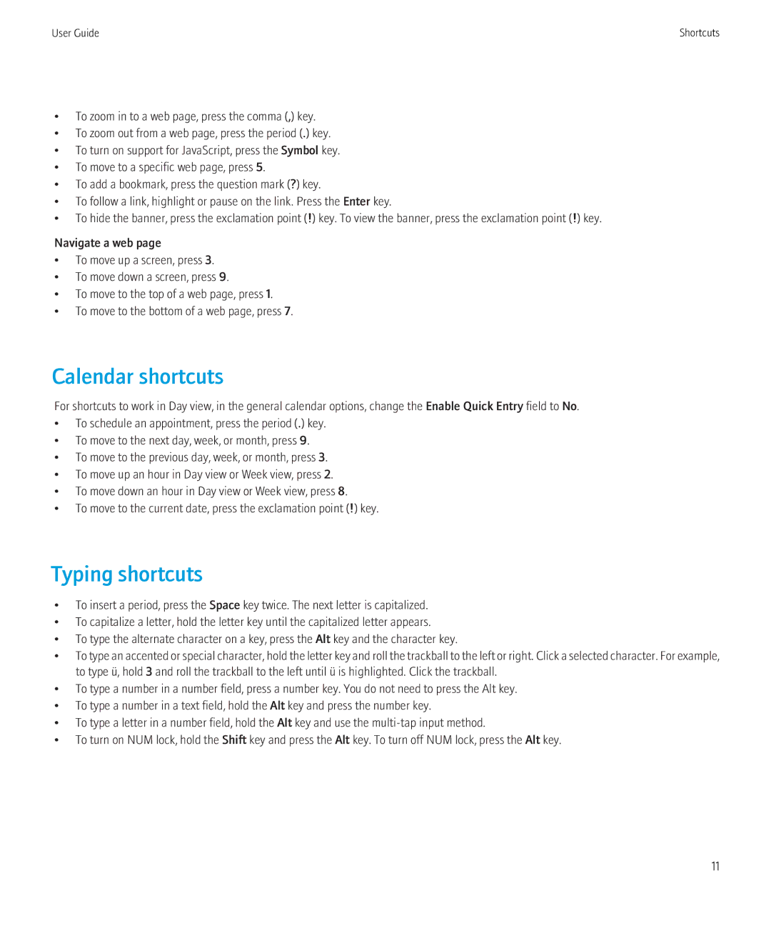 Blackberry 8230 manual Calendar shortcuts, Typing shortcuts 