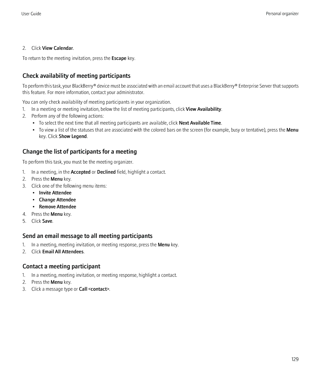 Blackberry 8230 manual Check availability of meeting participants, Change the list of participants for a meeting 